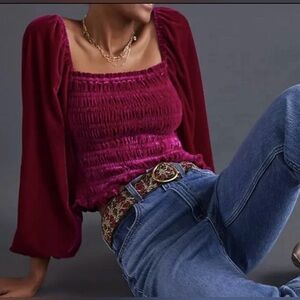 Anthropologie Burgundy Puff Sleeve Smocked Blouse Size M Sku#187